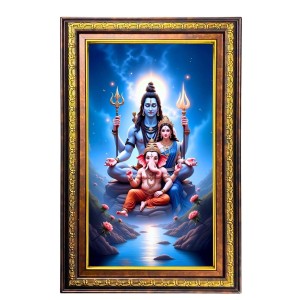 Lord Shiva And Parvathi And Ganesha Digital Golden Balck Color Photo Frame | Hindu Religious Wall Decor | 10x16 Inches - Inspirational Wall Art For Office, Home Decor - Ideal Spiritual Gift (F16578)