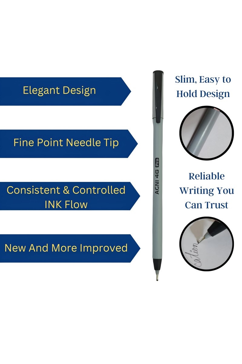 AGNI 4G Pro | Pack of 20 Units | Black Direct-Fill Pens | 0.7 mm Tip size | Ideal for Students and Professionals | Suitable for School and Office Writing