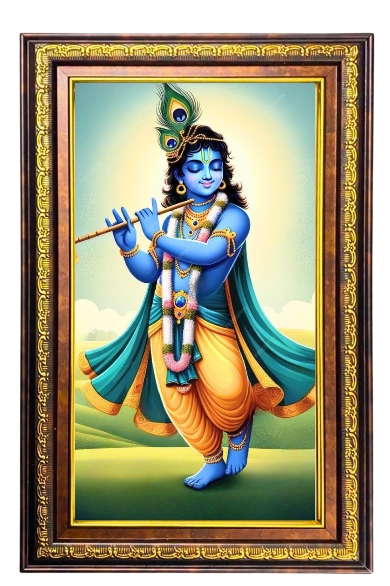 Lord Krishna Digital Golden Balck Color Photo Frame | Hindu Religious Wall Decor | 16x22 Inches - Inspirational Wall Art For Office, Home Decor - Ideal Spiritual Gift (F16511)
