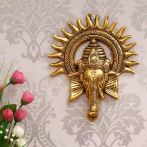 HiTechmart Brass Lord Ganesha Wall Hanging – Antique Finish Ganpati Face Sculpture with Sun Halo Design for Home Temple Decor, Office Entrance, Vastu & Spiritual Gifts – Handcrafted Indian Art