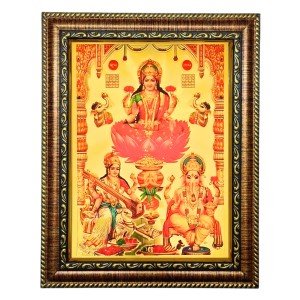 Hitech Sales Lord Sri Laxmi Ganesh Saraswati gold plated photo with Light Weighted Waterproof Glass Cover 9X7 Wooden Frames for Table, Temple Wall, Mandir, Gym, and Outdoor Spaces, Home Decor