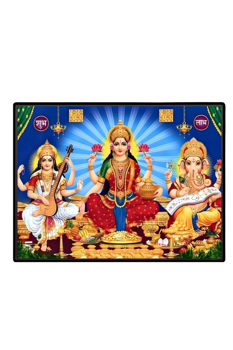 Lord Ganesha Maa Laxmi Sarswati Laminated Photo - 7x9 Inches, Divine Blessings For Home & Office And Temple Decoration (F16141)
