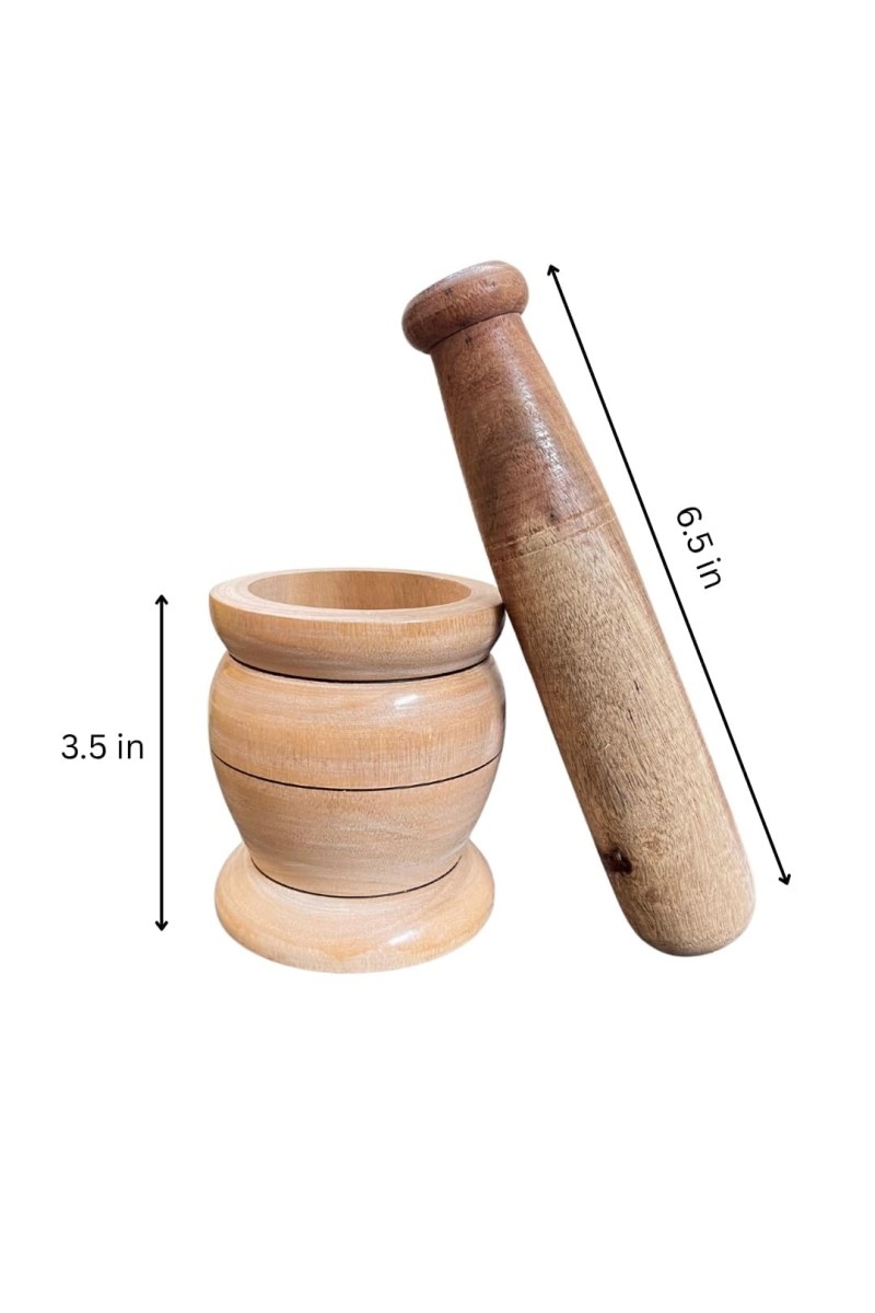 Wooden Mortar and Pestle Set (Ohkli Musal/Hamal Dista/Kharal/Khalbatta) 3.5X6.5 Inch â€“ Handcrafted Grinder for Spices & Herbs â€“ Traditional Kitchen Tool for Mixing and Grinding