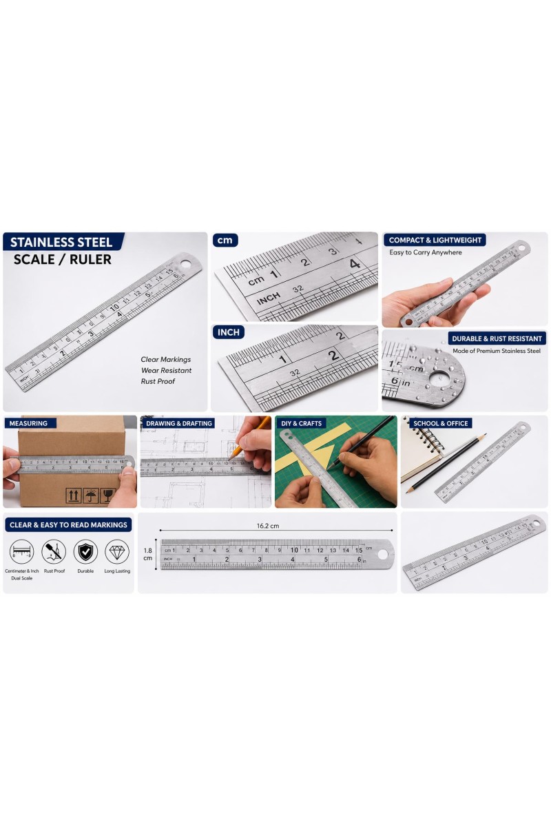 Stainless Steel Scale Ruler | Dual-Sided Inch & Centimeter Measuring Scale | Rust Resistant Metal Ruler for School, Office, Drawing, Drafting, Engineering & DIY Crafts