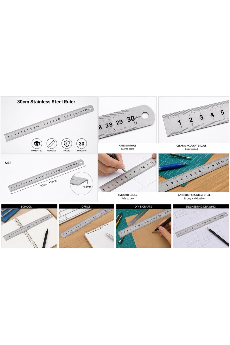 Stainless Steel Scale Ruler | Dual-Sided Inch & Centimeter Measuring Scale | Rust Resistant Metal Ruler for School, Office, Drawing, Drafting, Engineering & DIY Crafts