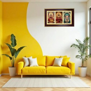 Lakshmi-Narshima-Ganesha Photo Frame 14x10 Inch | Glossy Maroon Polystyrene Frame | Divine Wall & Table Decor | Temple Decoration & Gift Item (Pack Of 1) (F21383)