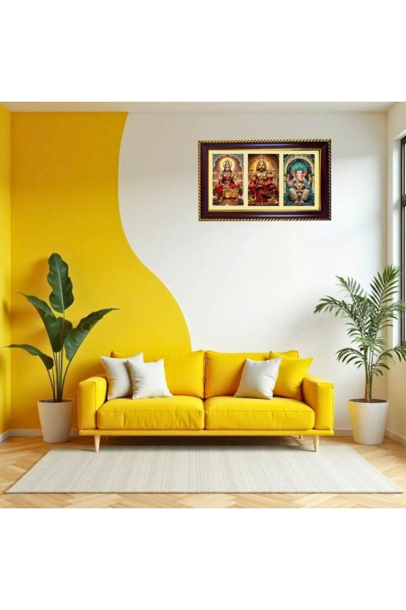 Lakshmi-Narshima-Ganesha Photo Frame 14x10 Inch | Glossy Maroon Polystyrene Frame | Divine Wall & Table Decor | Temple Decoration & Gift Item (Pack Of 1) (F21383)