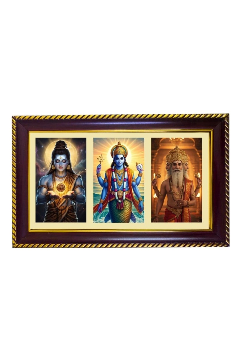 Brahma-Vishnu-Mahesha Photo Frame 10x6 Inch | Glossy Maroon Polystyrene Frame | Divine Wall & Table Decor | Temple Decoration & Gift Item (Pack Of 1) (F20882)