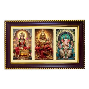 Lakshmi-Narshima-Ganesha Photo Frame 14x10 Inch | Glossy Maroon Polystyrene Frame | Divine Wall & Table Decor | Temple Decoration & Gift Item (Pack Of 1) (F21383)